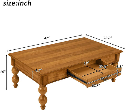 Traditional Walnut Coffee Table with Drawer Rustic Farmhouse Wood Living Room Table
