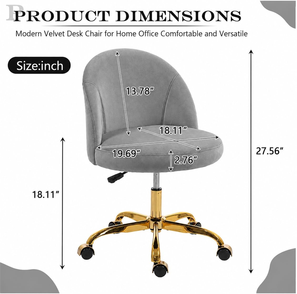 Black Velvet Vanity Chair Gold Base Adjustable Swivel Rolling Desk Chair