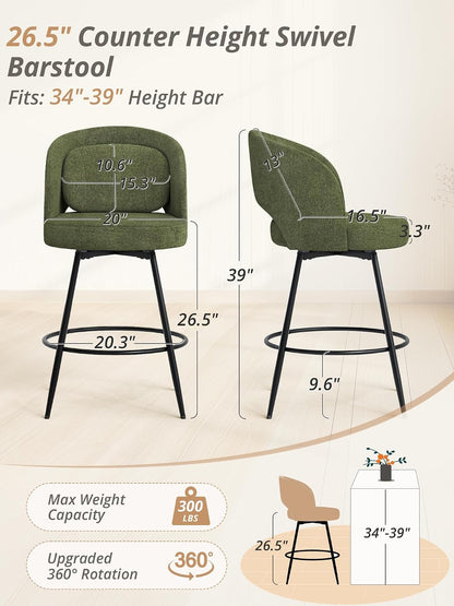 26 Inch Swivel Counter Height Bar Stools Linen Upholstered Black Metal Set of 2