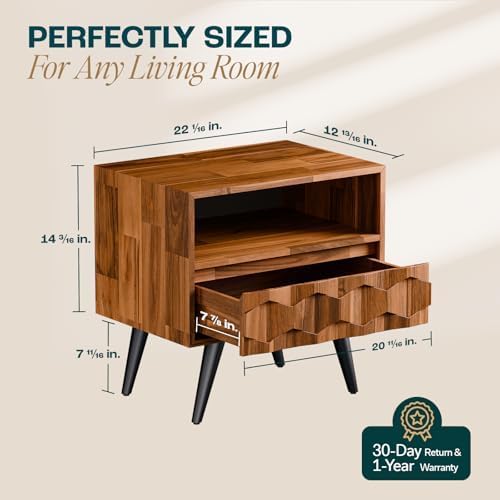 Solid Acacia Wood Geometric Nightstand with Drawer & Open Shelf