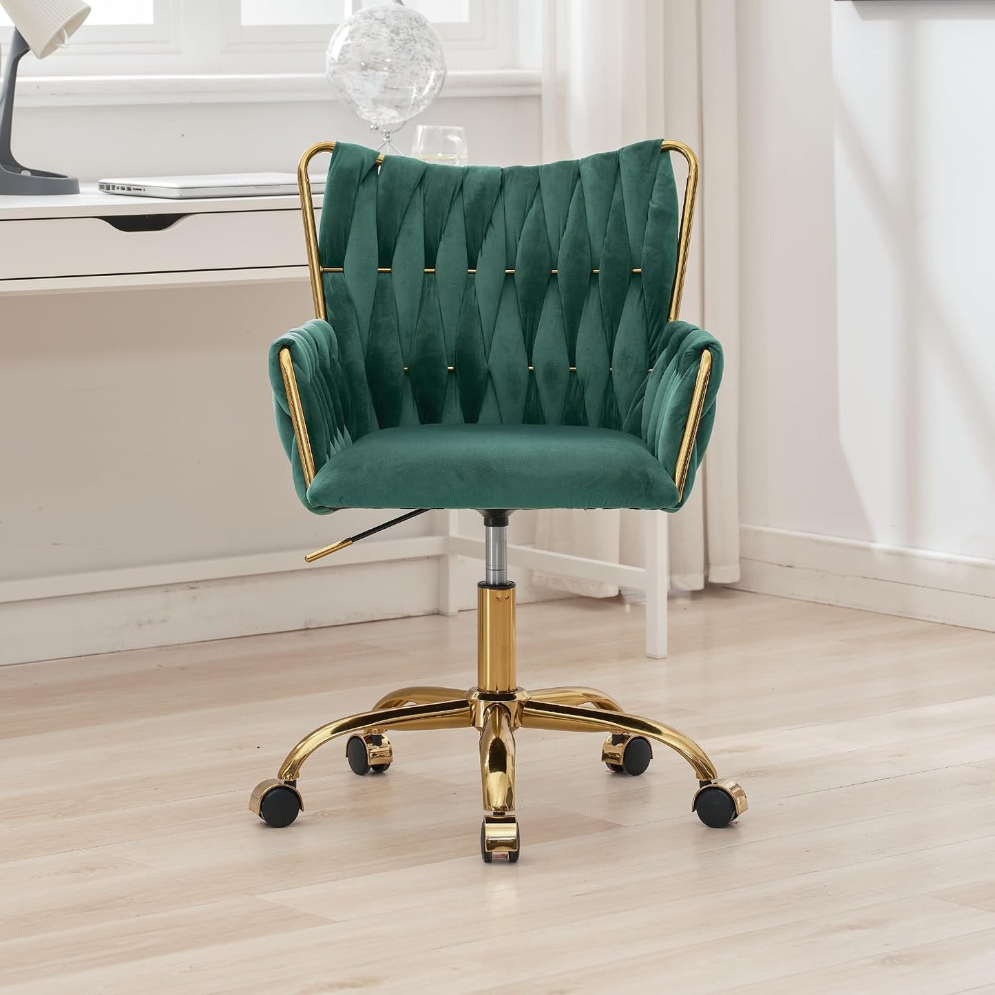 Black Velvet Swivel Desk Chair Hand Woven High Back Gold Base Adjustable Height