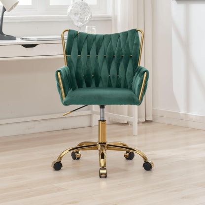 Black Velvet Swivel Desk Chair Hand Woven High Back Gold Base Adjustable Height