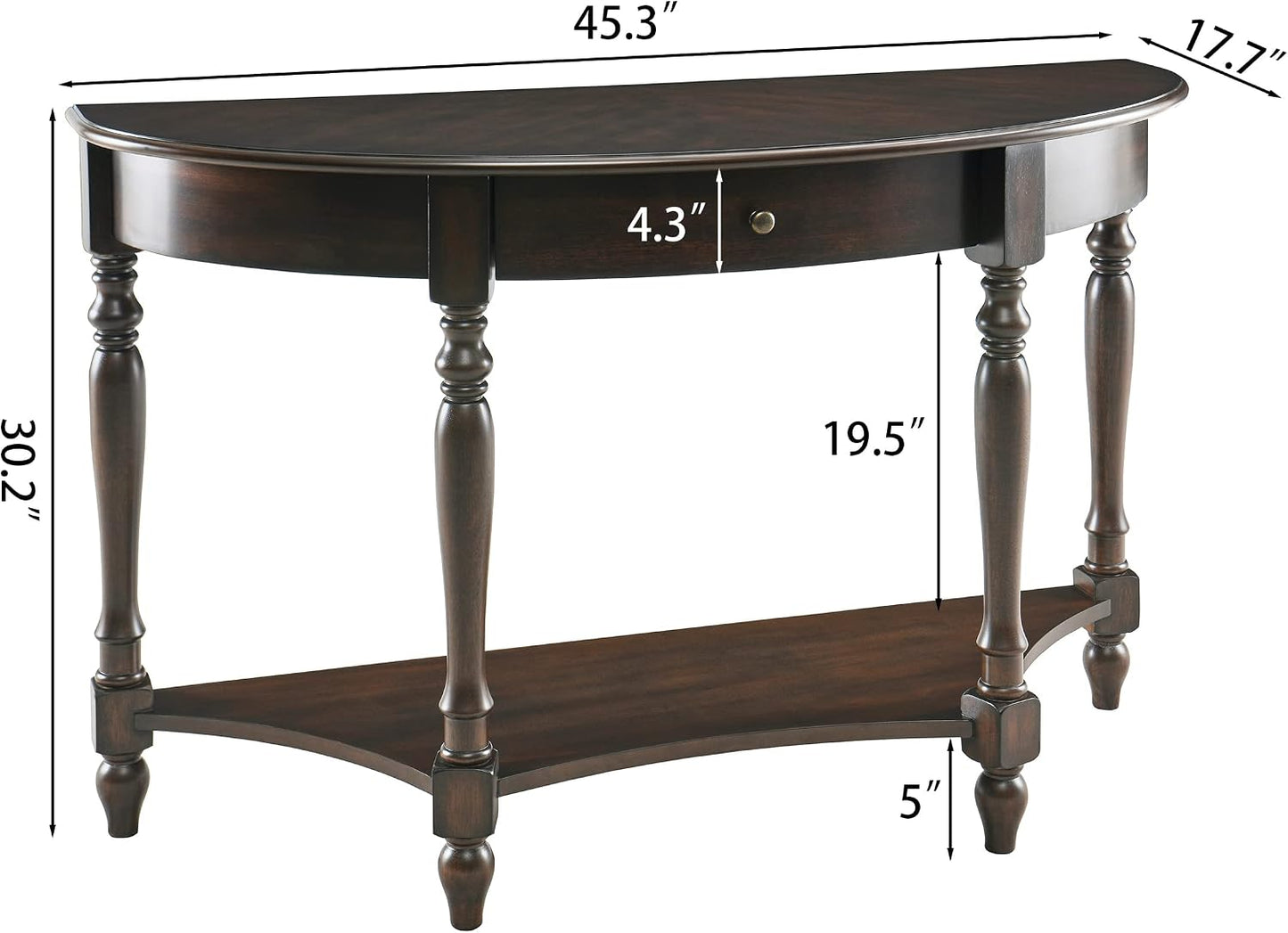 Solid Wood Demi Lune Console Table with Drawer and Storage Shelf