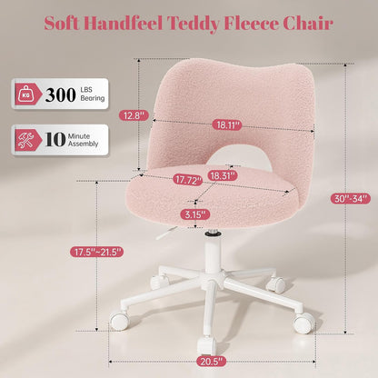 White Teddy Vanity Chair Armless Adjustable Swivel Desk Chair with Wheels