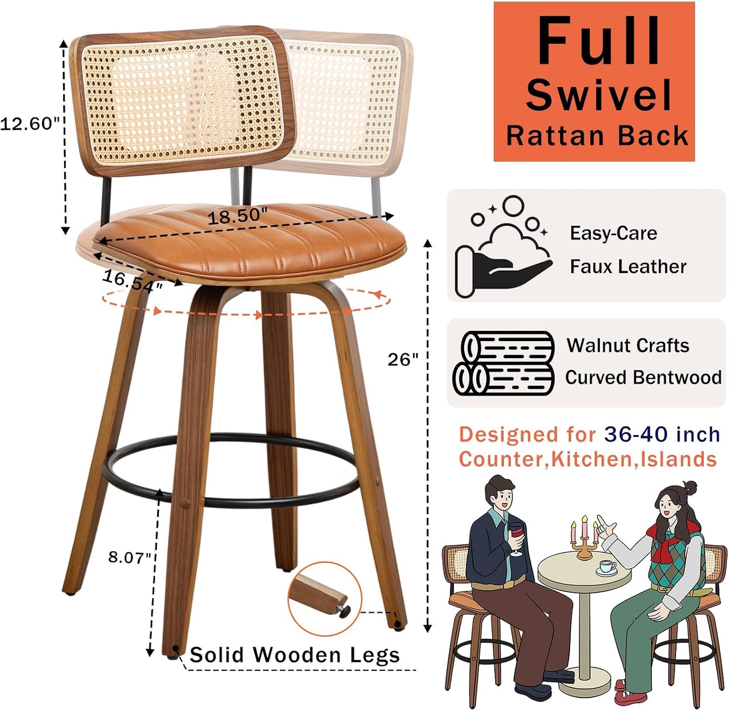 Walnut Rattan Counter Stool with Cane Back Grey Fabric Seat 26 Inch