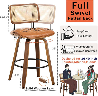 Walnut Rattan Counter Stool with Cane Back Grey Fabric Seat 26 Inch