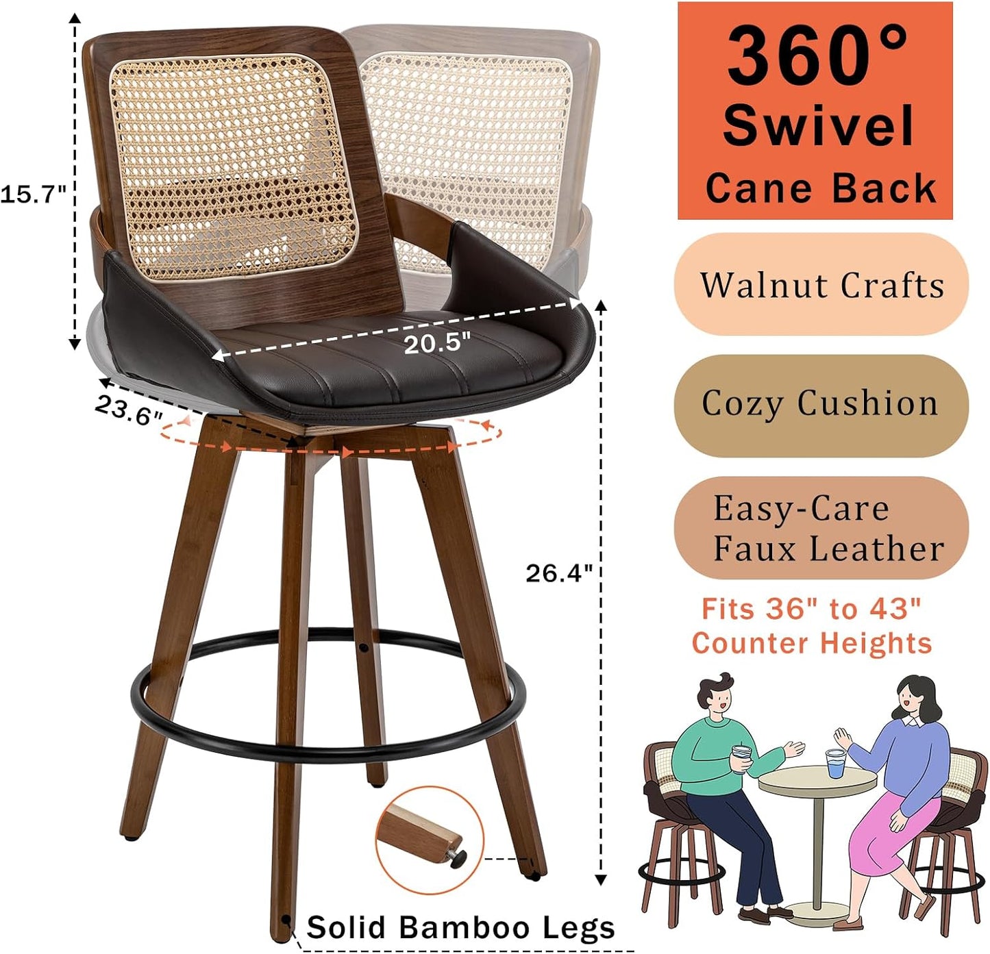 Walnut Cane Swivel Counter Stool with Arms Black Faux Leather Seat