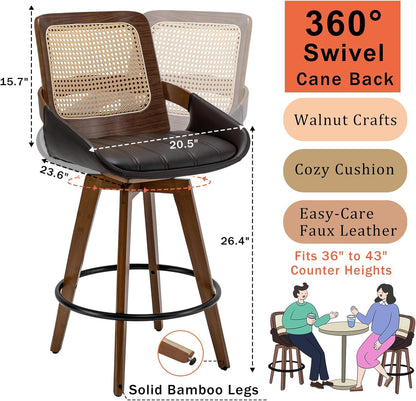 Walnut Cane Swivel Counter Stool with Arms Black Faux Leather Seat