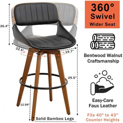 Walnut Black Swivel Bar Stools Faux Leather Mid Century Set of 2