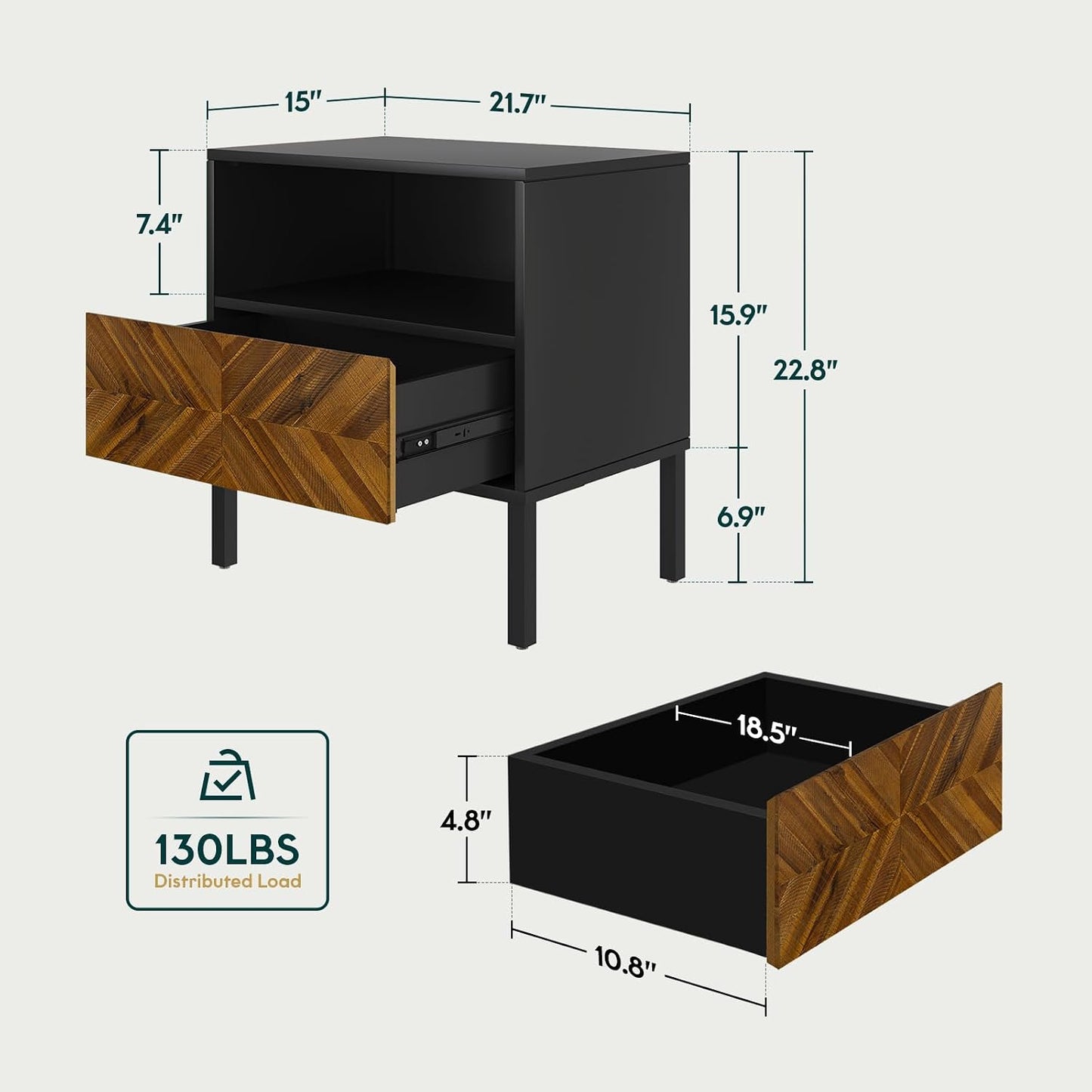 Solid Wood Herringbone Nightstand with Drawer & Open Shelf