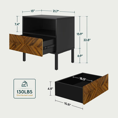Solid Wood Herringbone Nightstand with Drawer & Open Shelf
