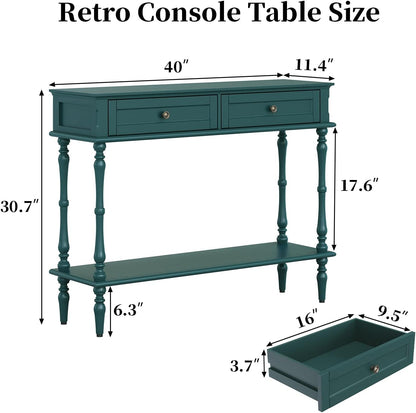 Green Console Table with Drawers Wood Entryway Table with Storage Shelf