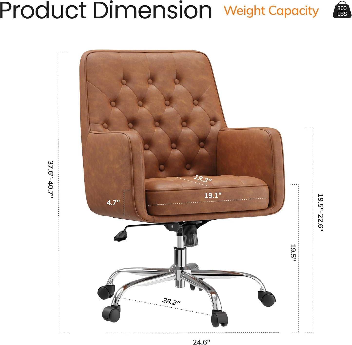 Khaki Leather Office Chair Tufted Adjustable Swivel Desk Chair with Arms