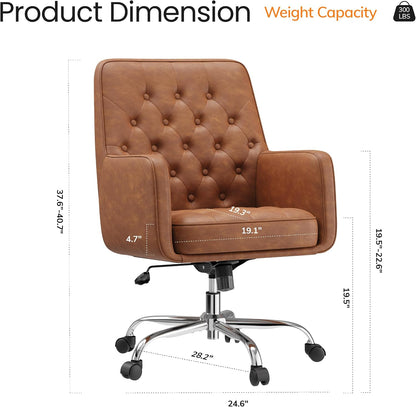Khaki Leather Office Chair Tufted Adjustable Swivel Desk Chair with Arms