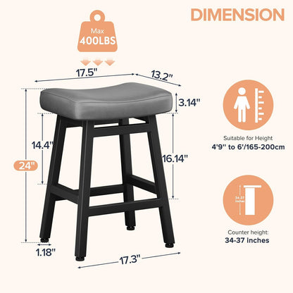 24 Inch Black Counter Height Bar Stools Set of 2 Bonded Leather Saddle Seats