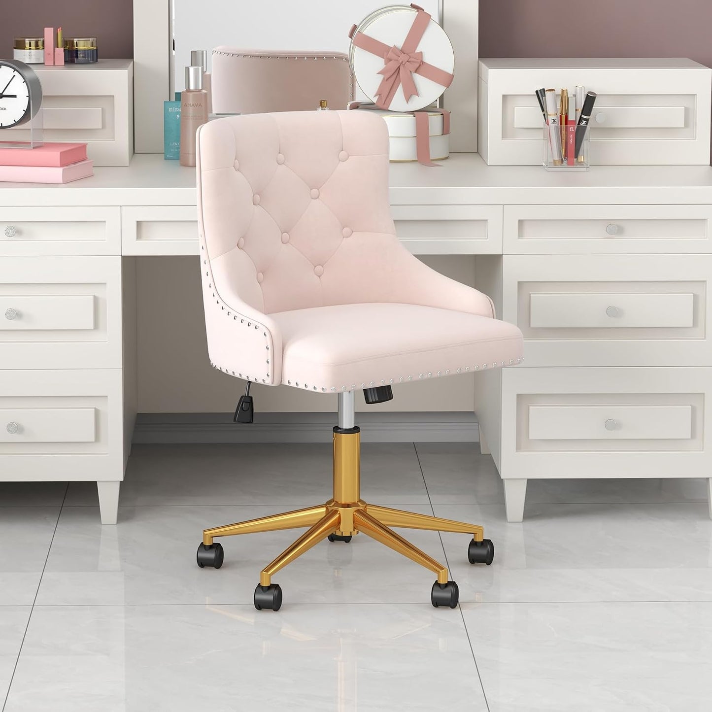 Beige Velvet Swivel Desk Chair Tufted Vanity Chair with Gold Base and Wheels
