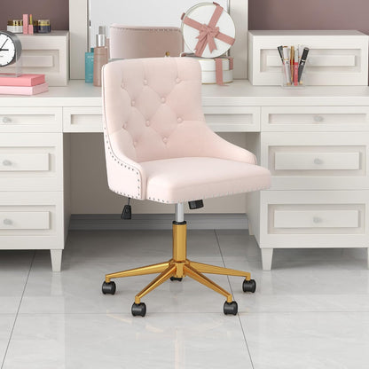 Beige Velvet Swivel Desk Chair Tufted Vanity Chair with Gold Base and Wheels