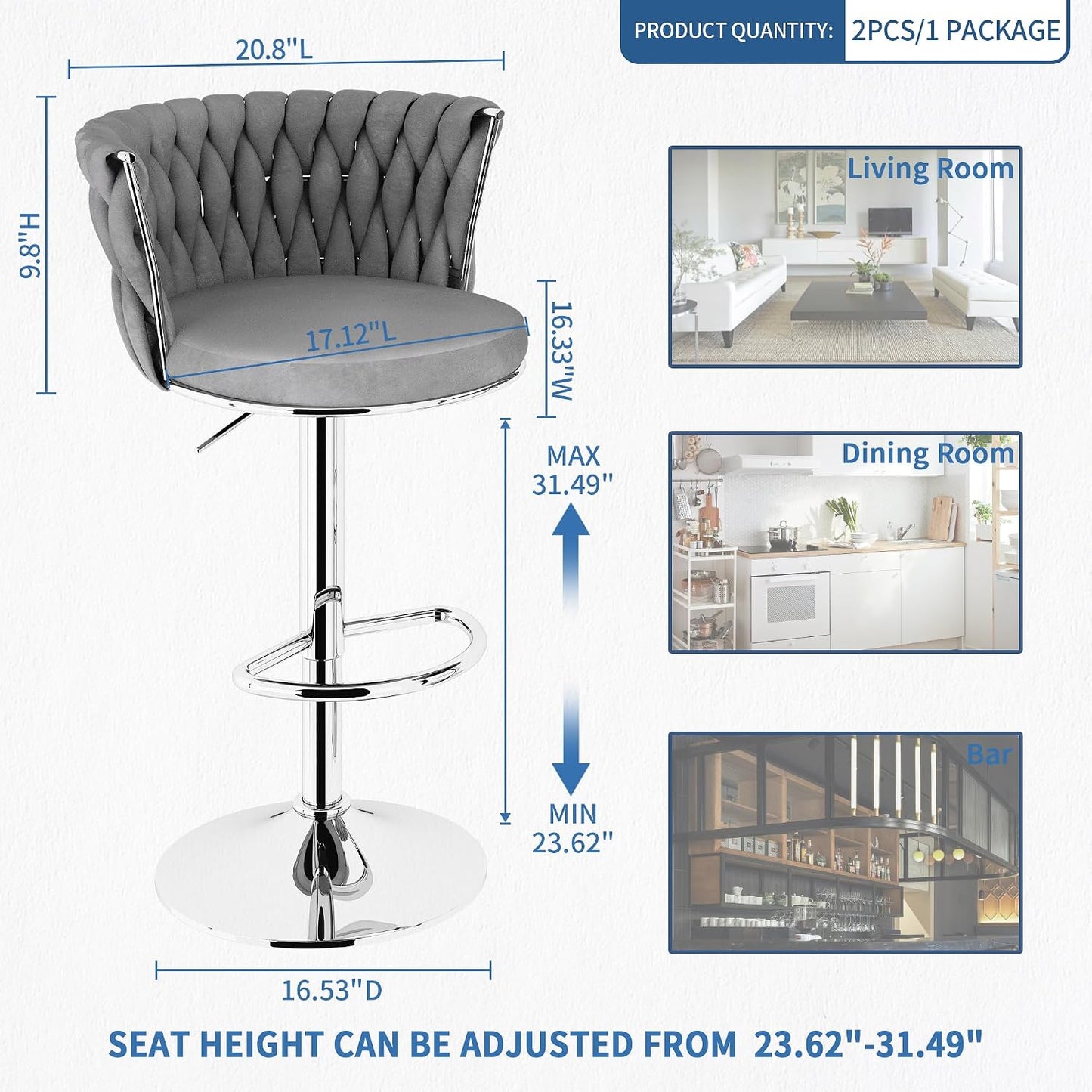 Black Velvet Swivel Bar Stools with Tufted Back Adjustable Height Set of 2