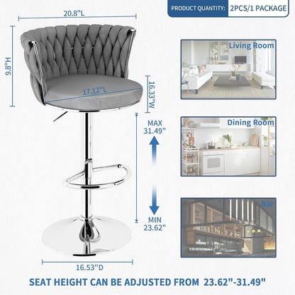 Black Velvet Swivel Bar Stools with Tufted Back Adjustable Height Set of 2