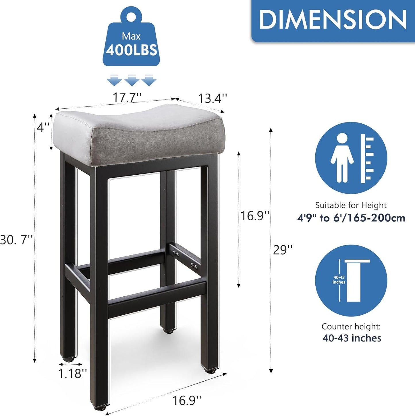 Black Bar Height Stools Set of 2 Upholstered Saddle Kitchen Seats