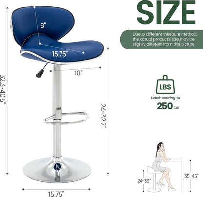Blue Adjustable Bar Stools Set of 2 Modern Swivel Faux Leather Counter Chairs
