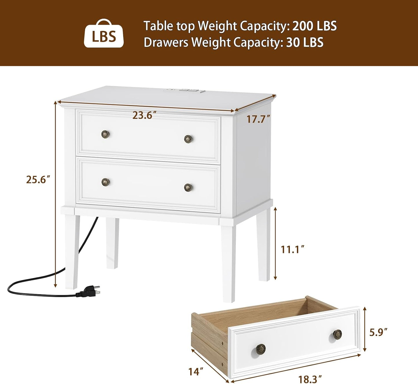 Solid Wood 2-Drawer Nightstand with Charging Station – Teak Farmhouse Bedside Table