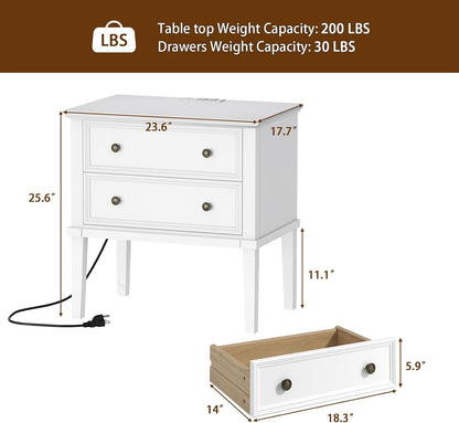 Solid Wood 2-Drawer Nightstand with Charging Station – Teak Farmhouse Bedside Table