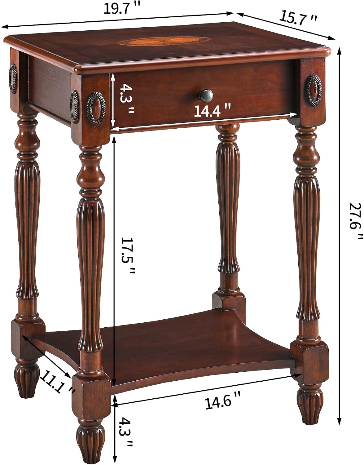 Solid Wood Oval End Table Cherry Walnut with Drawer and Storage Shelf
