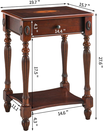 Solid Wood Oval End Table Cherry Walnut with Drawer and Storage Shelf