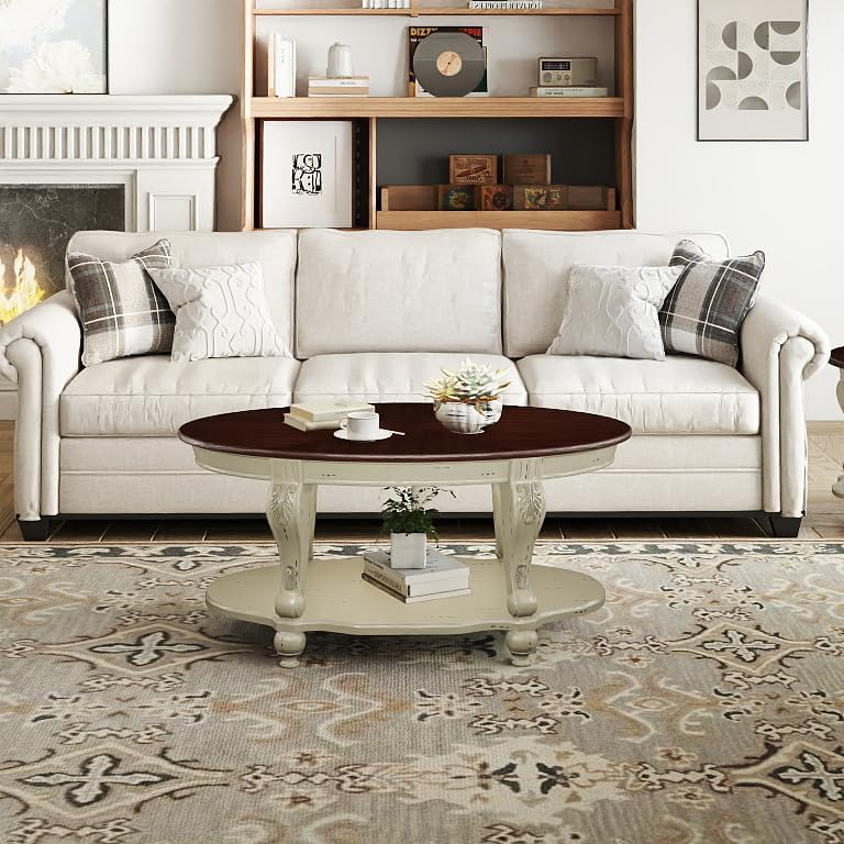 Oval Coffee Table with Storage Victorian Carved Wood 2 Tier Living Room Table