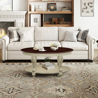 Oval Coffee Table with Storage Victorian Carved Wood 2 Tier Living Room Table