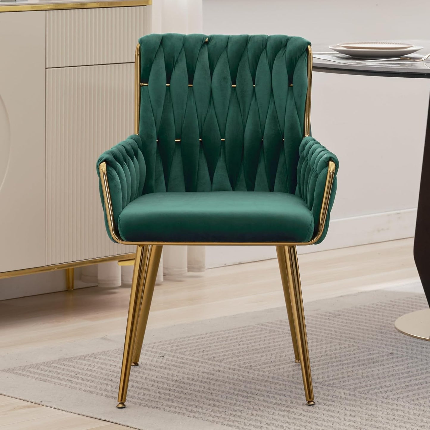 Beige Velvet Vanity Chair Hand Woven Gold Leg Upholstered Accent Chair