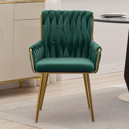 Beige Velvet Vanity Chair Hand Woven Gold Leg Upholstered Accent Chair