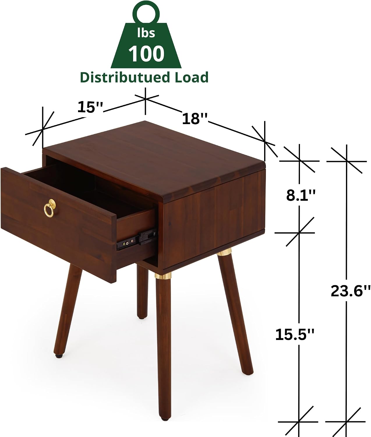 Solid Acacia Wood Nightstand with Drawer – Caramel Mid-Century Side Table