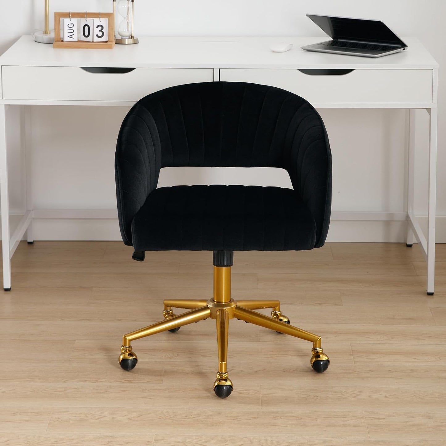 Red Velvet Swivel Desk Chair Adjustable Vanity Chair with Gold Base and Wheels