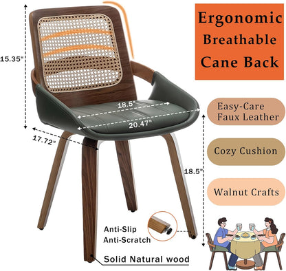 Walnut Rattan Dining Chair with Cane Back Black Upholstered Seat and Arms