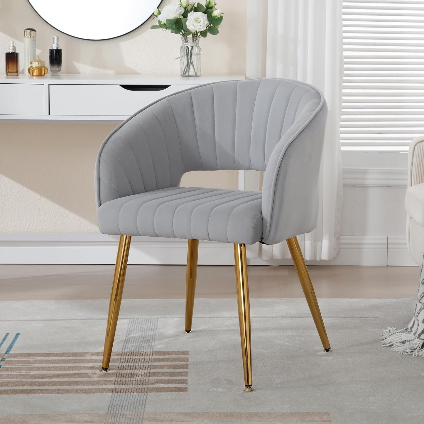Light Gray Velvet Desk Chair Tufted Vanity Armchair with Gold Metal Legs
