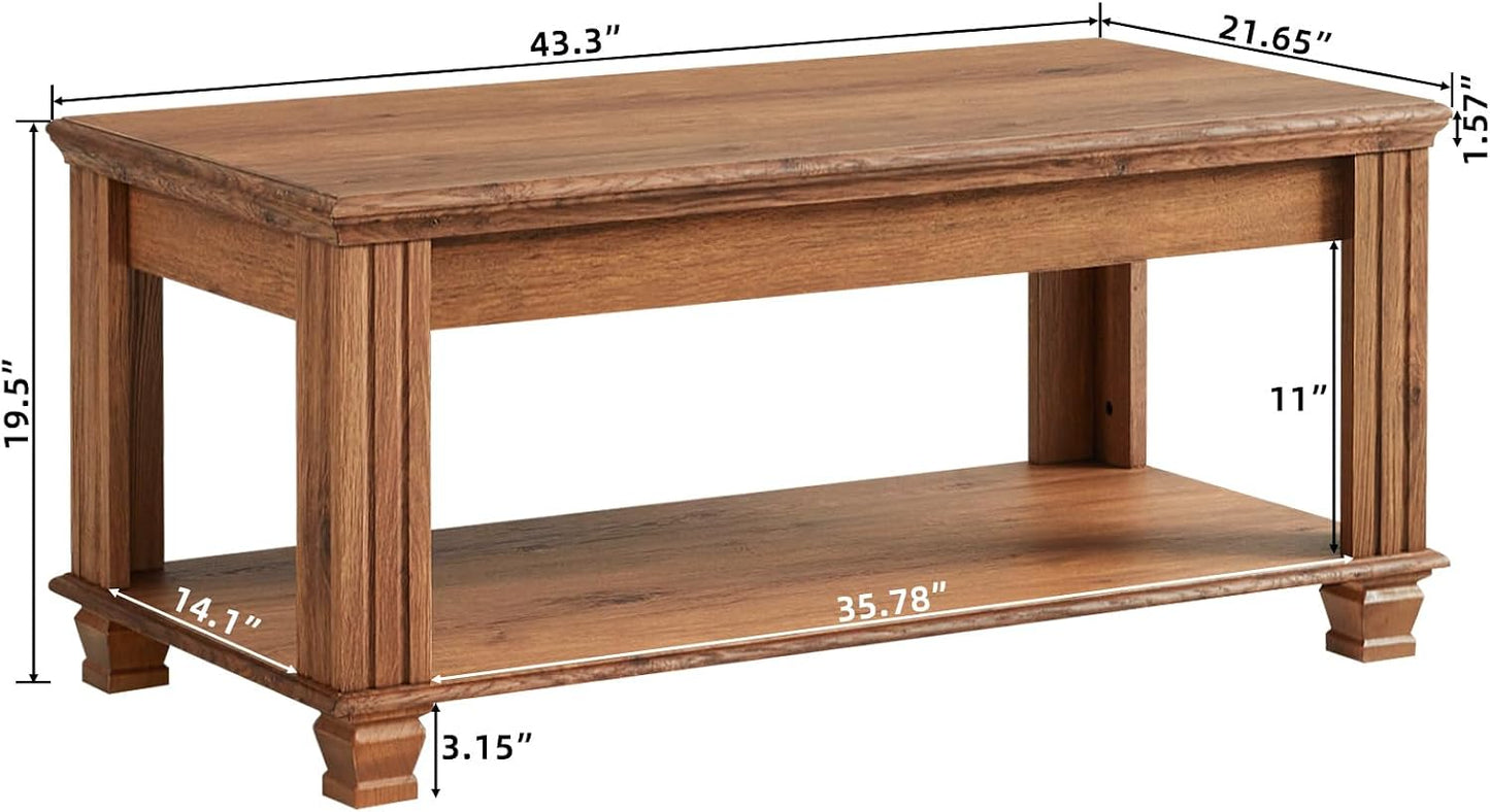 Farmhouse Walnut Coffee Table with Open Storage Shelf Rustic Wood Center Table