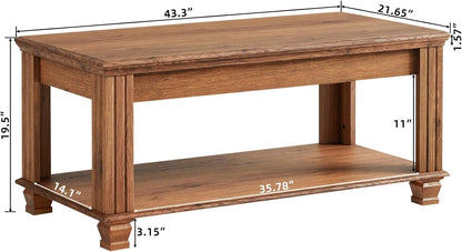 Farmhouse Walnut Coffee Table with Open Storage Shelf Rustic Wood Center Table