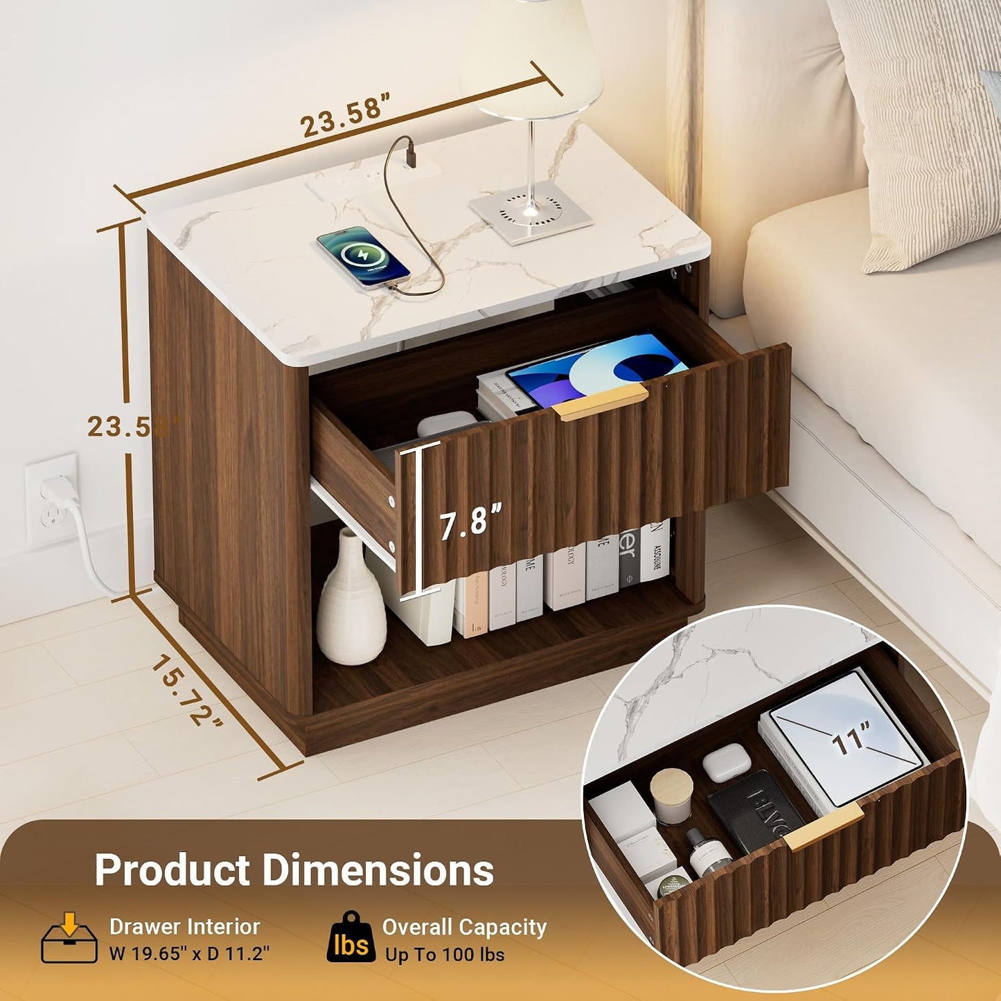 23" Modern Fluted Nightstand with Charging Station – Natural Oak Bedside Table