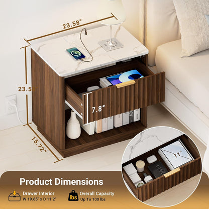 23" Modern Fluted Nightstand with Charging Station – Natural Oak Bedside Table