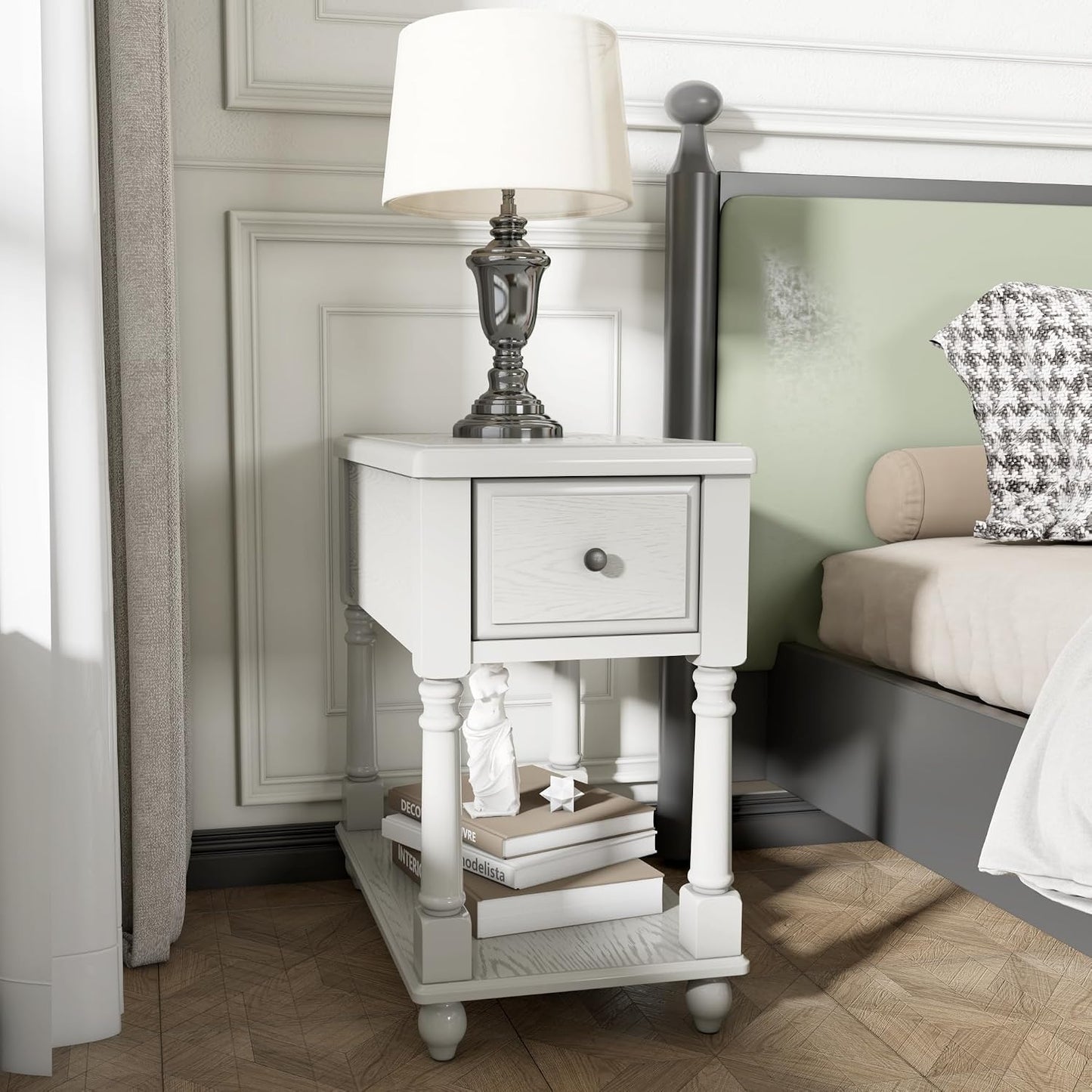 Solid Wood Narrow Nightstand with Drawer Cherry Brown Bedside End Table