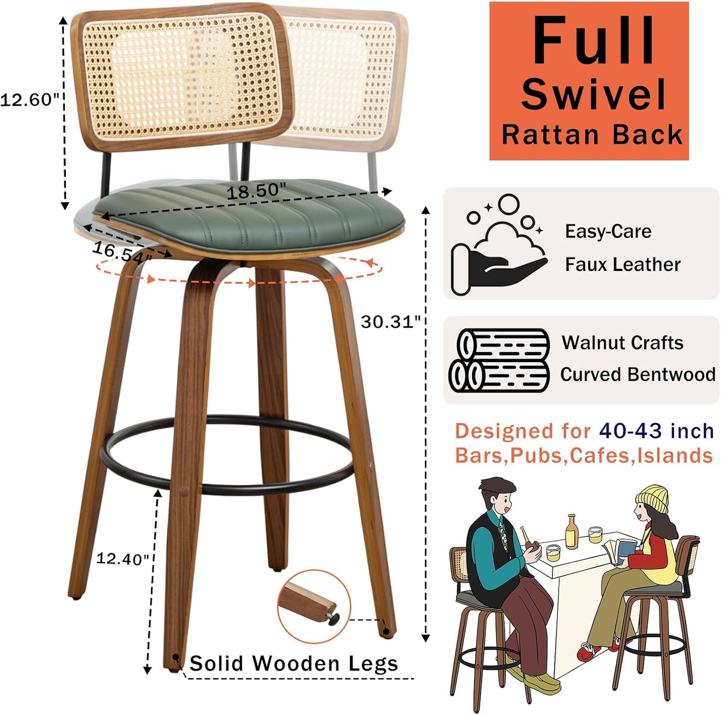 Walnut Rattan Swivel Bar Stool Cane Back Beige Faux Leather 30 Inch