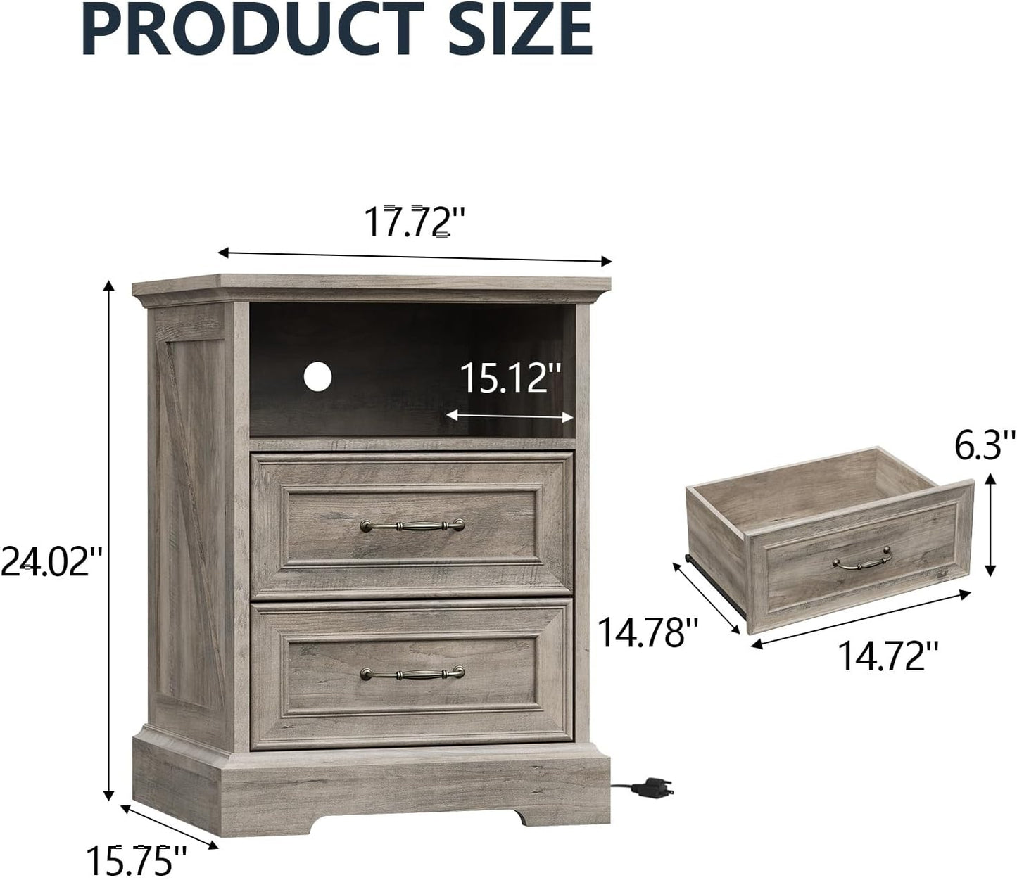 Farmhouse Nightstand with Charging Station 2 Drawers Off White Bedside Table