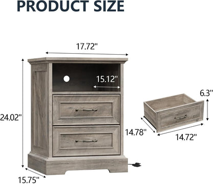 Farmhouse Nightstand with Charging Station 2 Drawers Off White Bedside Table