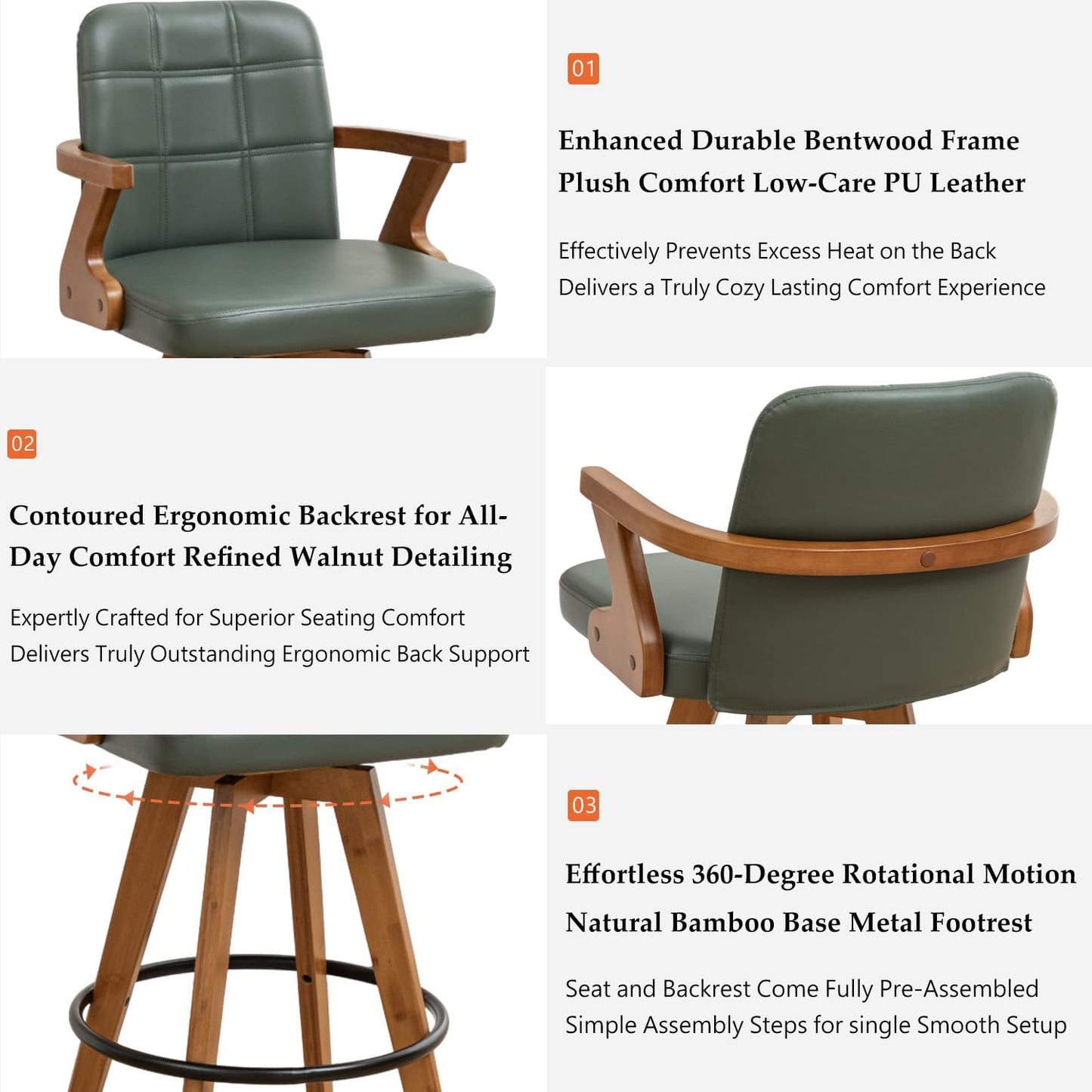 Walnut Black Swivel Counter Stool with Arms Mid Century Upholstered Bar Chair