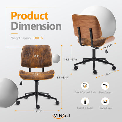Walnut Office Chair Black PU Leather Adjustable Swivel Rolling Desk Chair