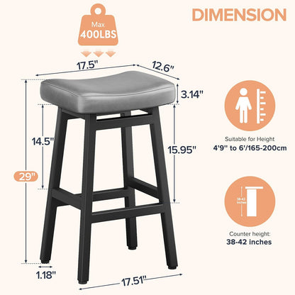 29 Inch Black Bar Height Stools Set of 2 Bonded Leather Saddle Seats