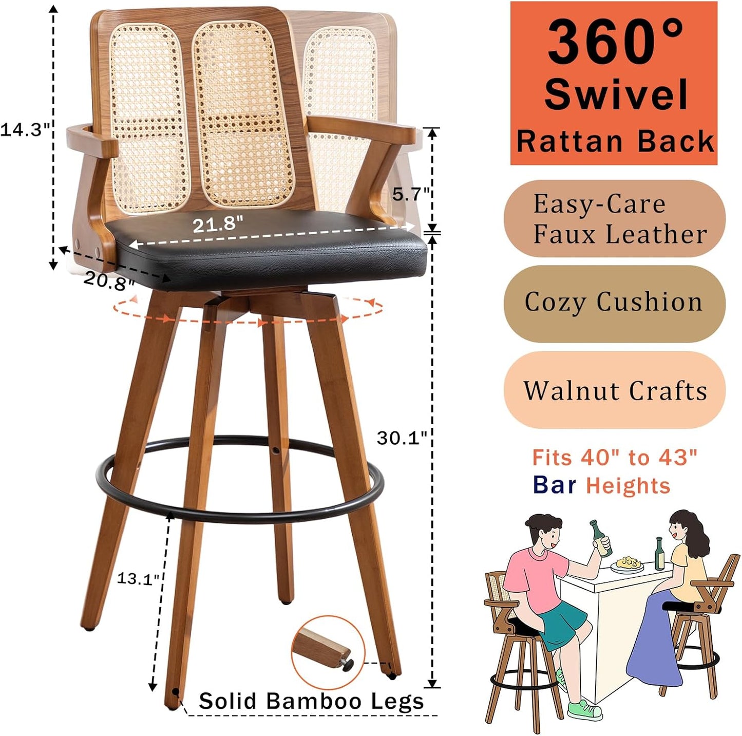 Walnut Rattan Swivel Bar Stools with Arms Beige Upholstered Seat Set of 2