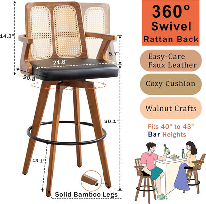 Walnut Rattan Swivel Bar Stools with Arms Beige Upholstered Seat Set of 2